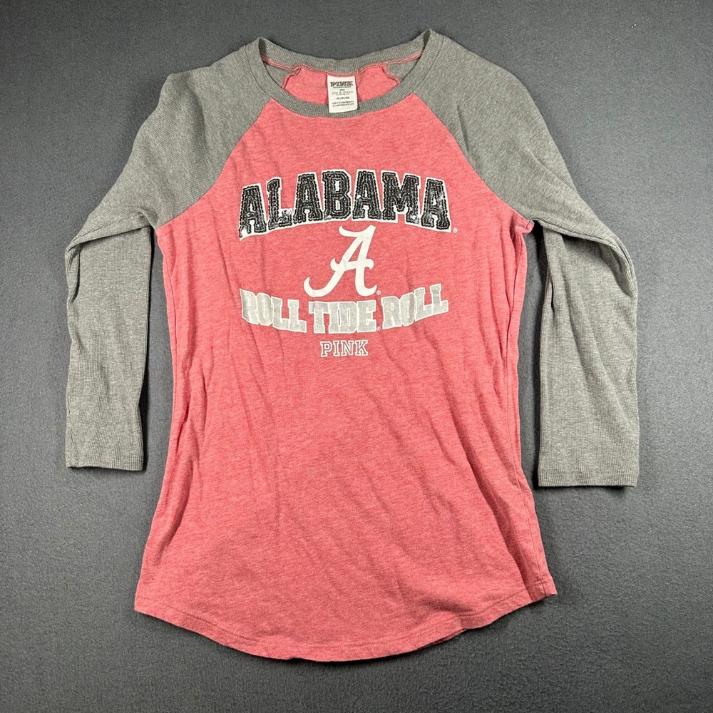 Alabama Roll Tide Roll Tee XS PINK Victorias Secret Red Sequin‎ Raglan Sleeve